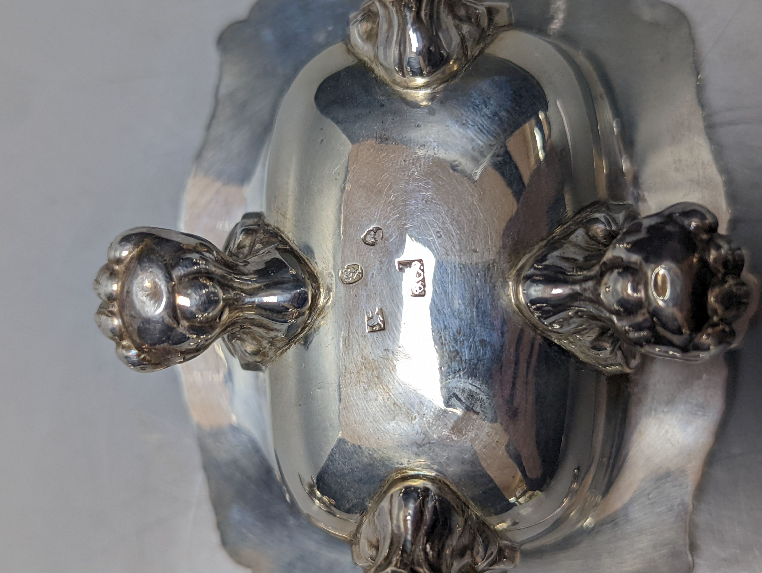 A pair of George III silver salts, with lion's paw feet, S.C.Younge & Co, Sheffield, 1817, 10.6cm, together with two pairs of associated George III silver condiment spoons